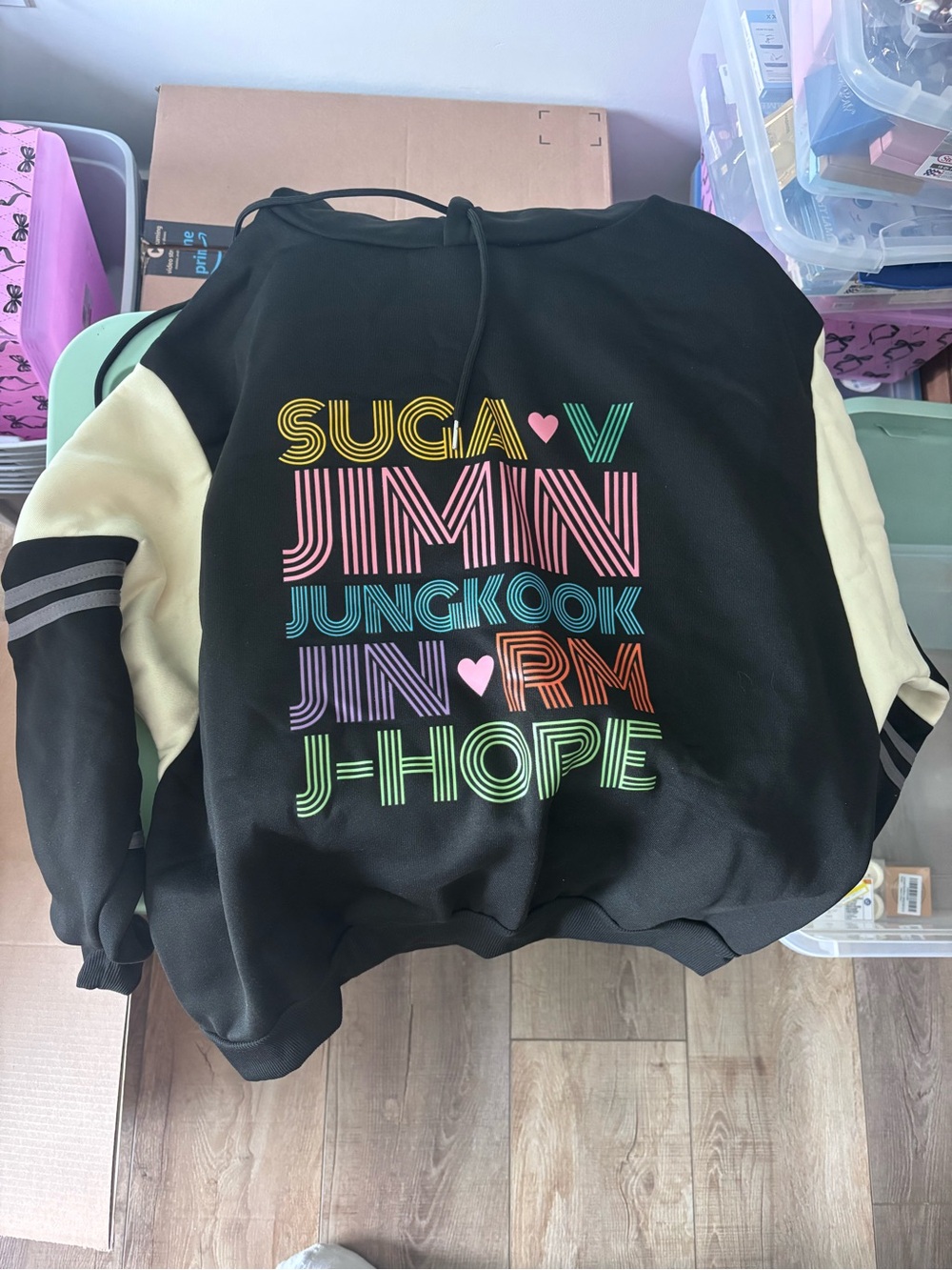 Black Graphic Pullover Sweatshirt with Multicolor BTS-Inspired Print